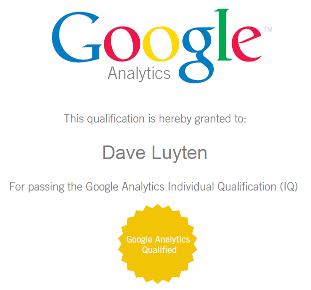 Google Analytics Individual Qualified (GAIQ) certificaat van Dave Luyten